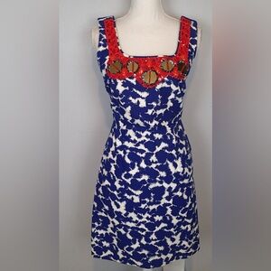 Milly of New York Abstract Blue and White Mini Dress with Red Details